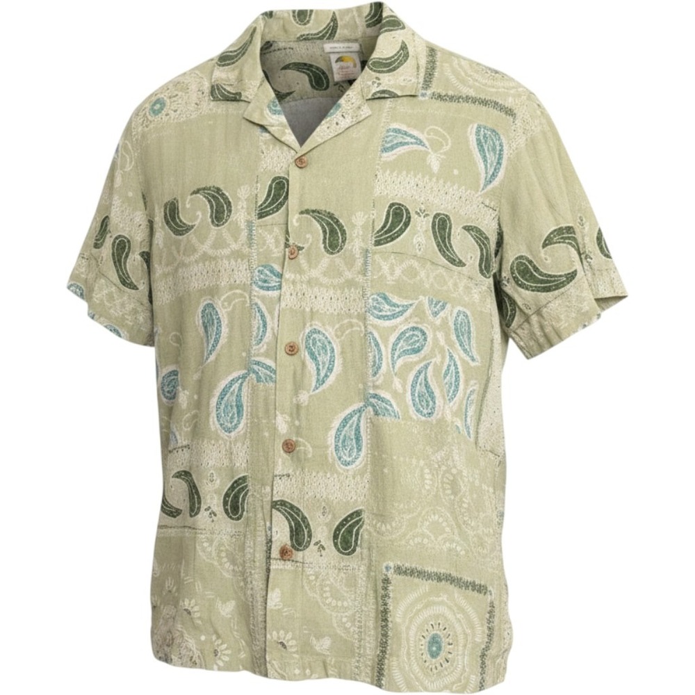 C&C California Mens Green Paisley Patchwork 100% Linen Camp Shirt Medium‎